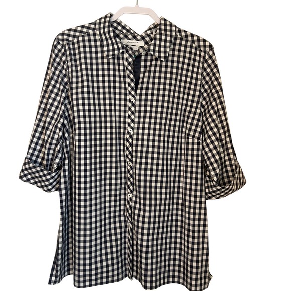 Foxcroft NYC Womens 18W Navy White Gingham Heritage Non-Iron 3/4 Sleeve Shirt - Picture 1 of 5